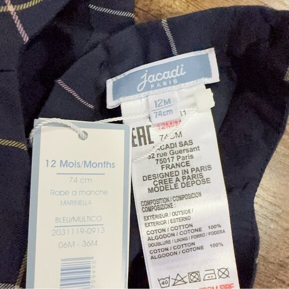 NWT Jacadi Navy Cotton Checker Print Long Sleeve Double Layered Dress 12 MONTH - Picture 2 of 4